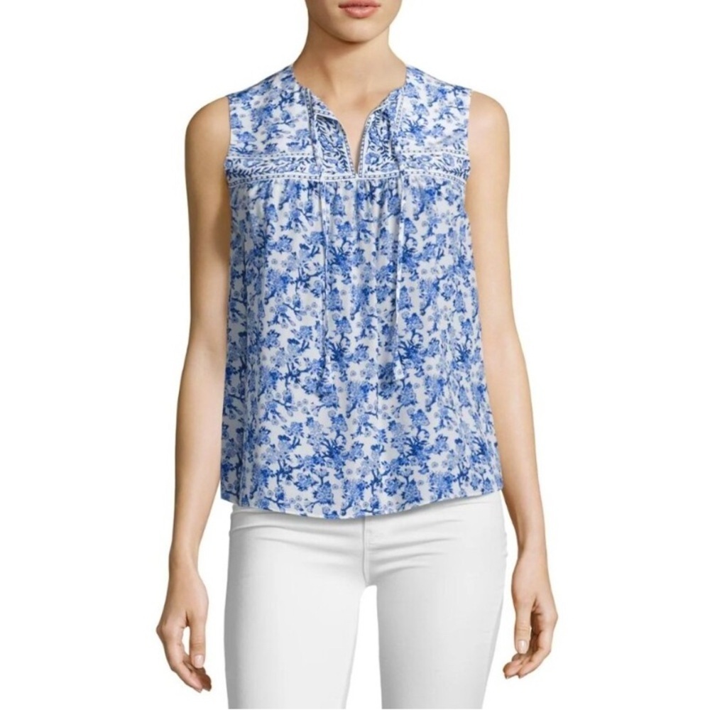 Rebecca Taylor Aimee Floral Blue & White Silk Sleeveless Blouse, size 0